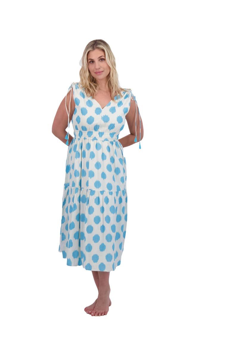 Mer St. Barth Noemie Women's Ruched Shoulder Tie Maxi Dress Cream Aqua Ikat, Alternate, color, 