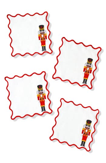 Tiramisu Set Of 4 Embroidered Nutcracker Parade Linen Cocktail Napkins In Red