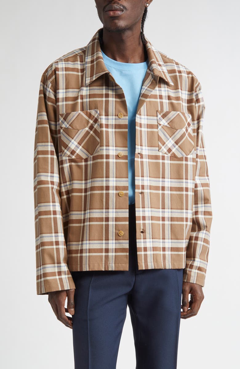 STOCKHOLM SURFBOARD CLUB Club Plaid Organic Cotton Overshirt, Main, color, Brown Check