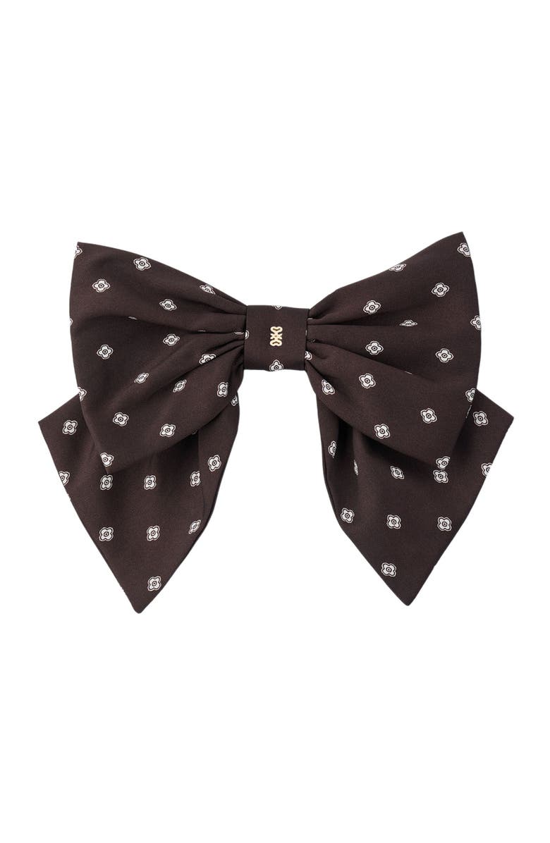 SANDRO Printed satin bow barrette, Main, color, Brown / White