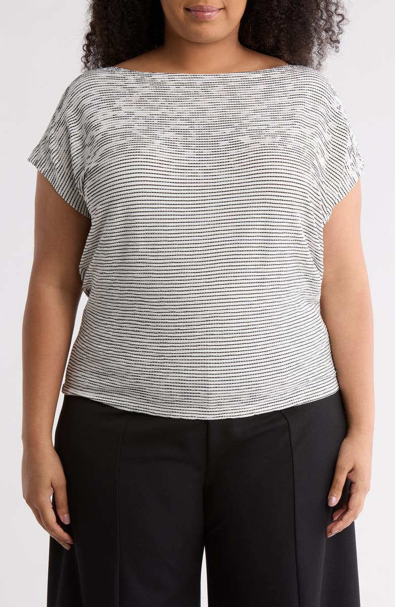 MAX STUDIO Boat Neck Cap Sleeve T-Shirt, Main, color, Off White/ Black Stripe