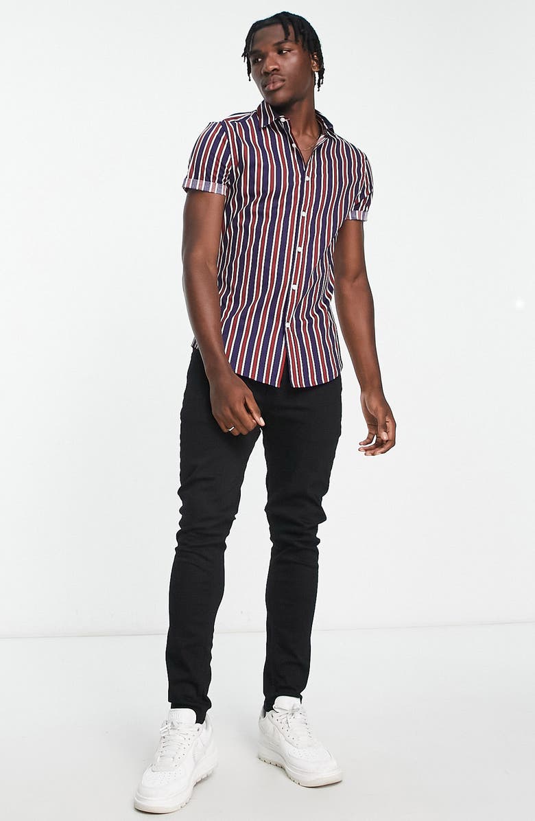 ASOS DESIGN Skinny Fit Stripe Short Sleeve Button-Up Shirt, Alternate, color, 