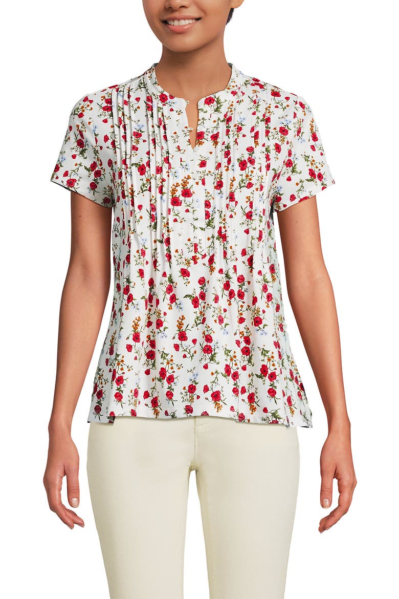 Tall Lightweight Jersey Button Pintuck Top, Alternate, color, Ivory Mini Poppy Floral