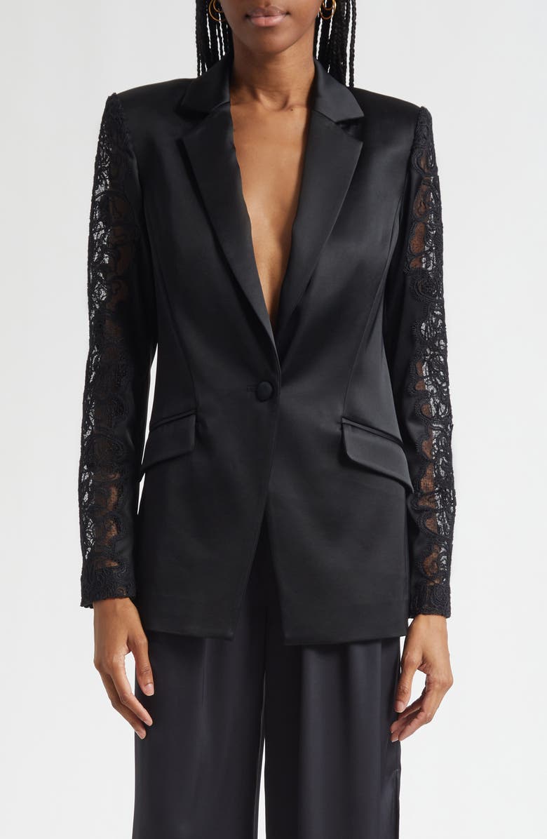 Ramy Brook Foxi Lace Trim Blazer, Main, color, Black