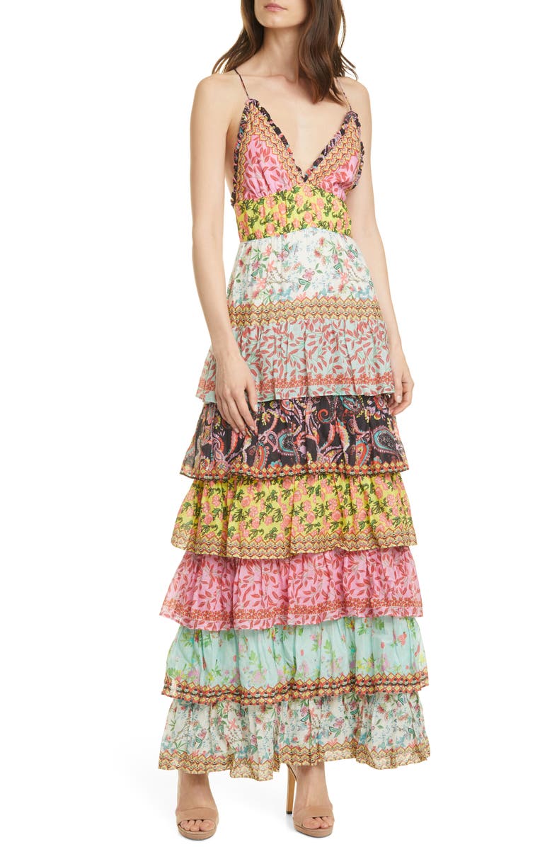 Alice + Olivia Imogene Mixed Print Tiered Ruffle Cotton Maxi Dress, Main, color,