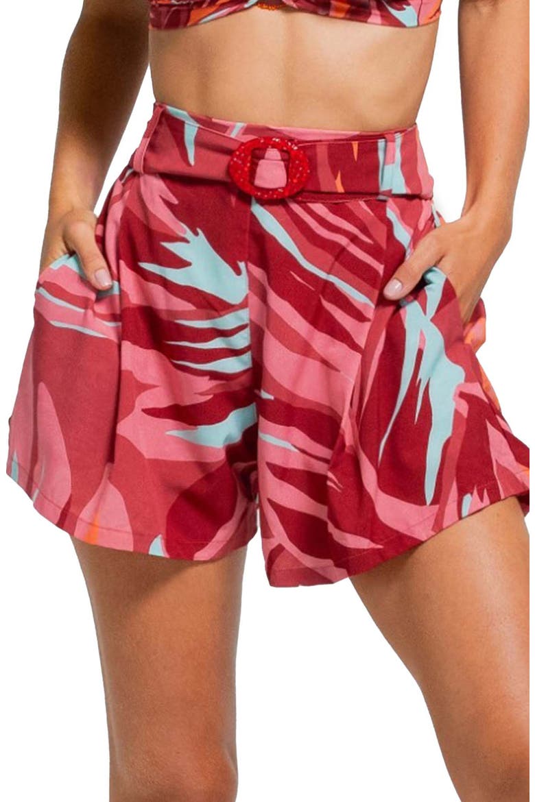 Tropical Print Belted Cover-Up Shorts, Alternate, color, PINK MULTI