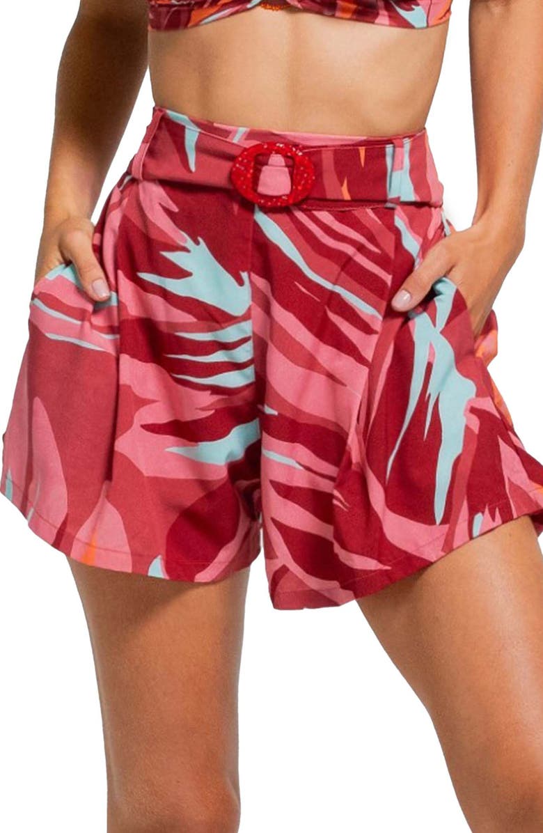 Cosita Linda Tropical Print Belted Cover-Up Shorts, Alternate, color, 