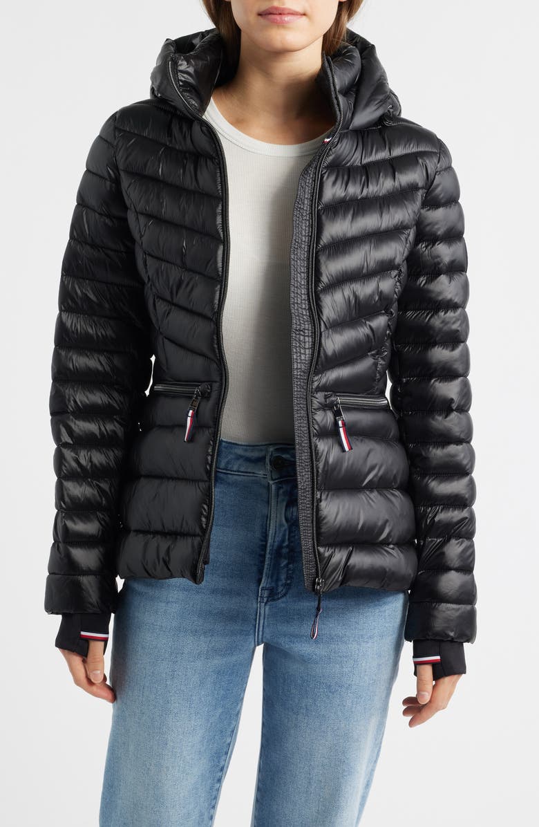 Tommy Hilfiger Packable Chevron Puffer Jacket with Hood, Alternate, color, Black