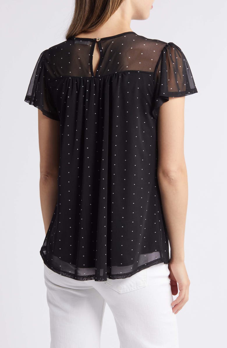 Loveappella Polka Dot Sheer Yoke Mesh Top, Alternate, color, Black