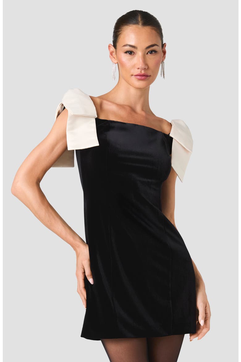 Satin Shoulder Bow Velvet Minidress, Alternate, color, BLACK WITH PORCELAIN CREAM