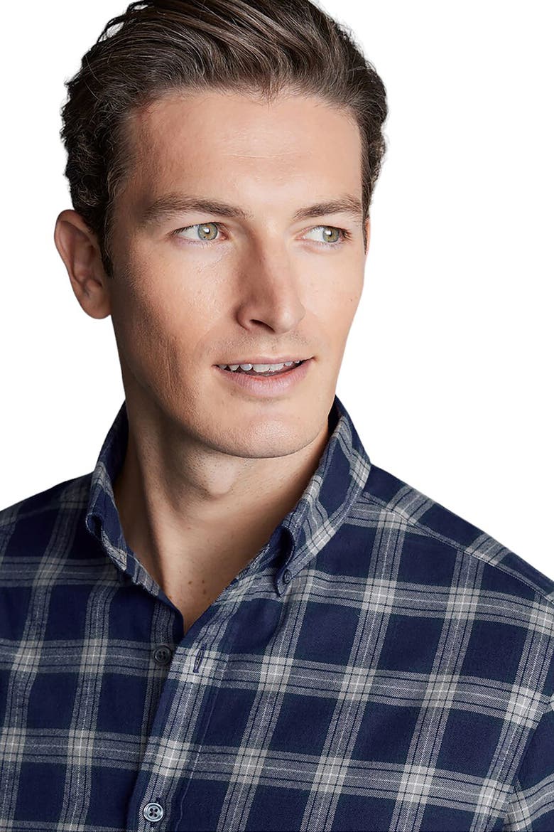 Slim Fit Button-Down Collar Brushed Flannel Check Shirt, Alternate, color, French Blue