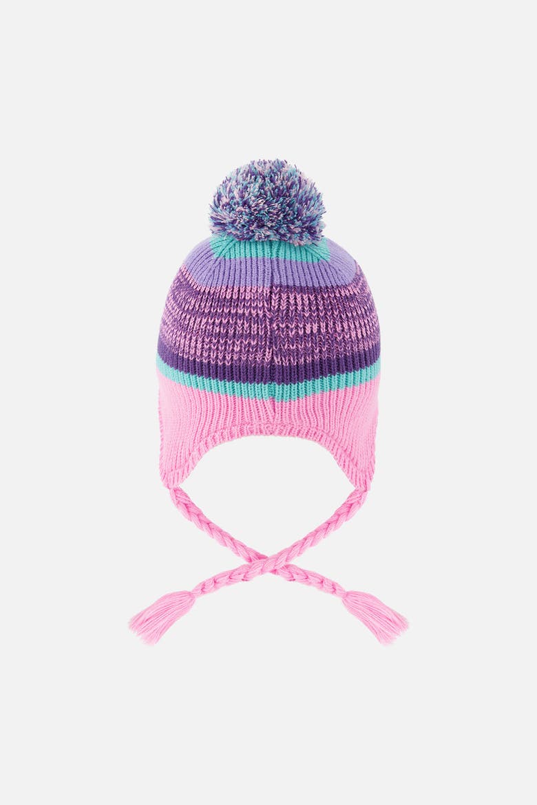 Winter Peruvian Jacquard Fleece-Lined Pompom Knit Hat, Alternate, color, Mauve and Blue Jacquard