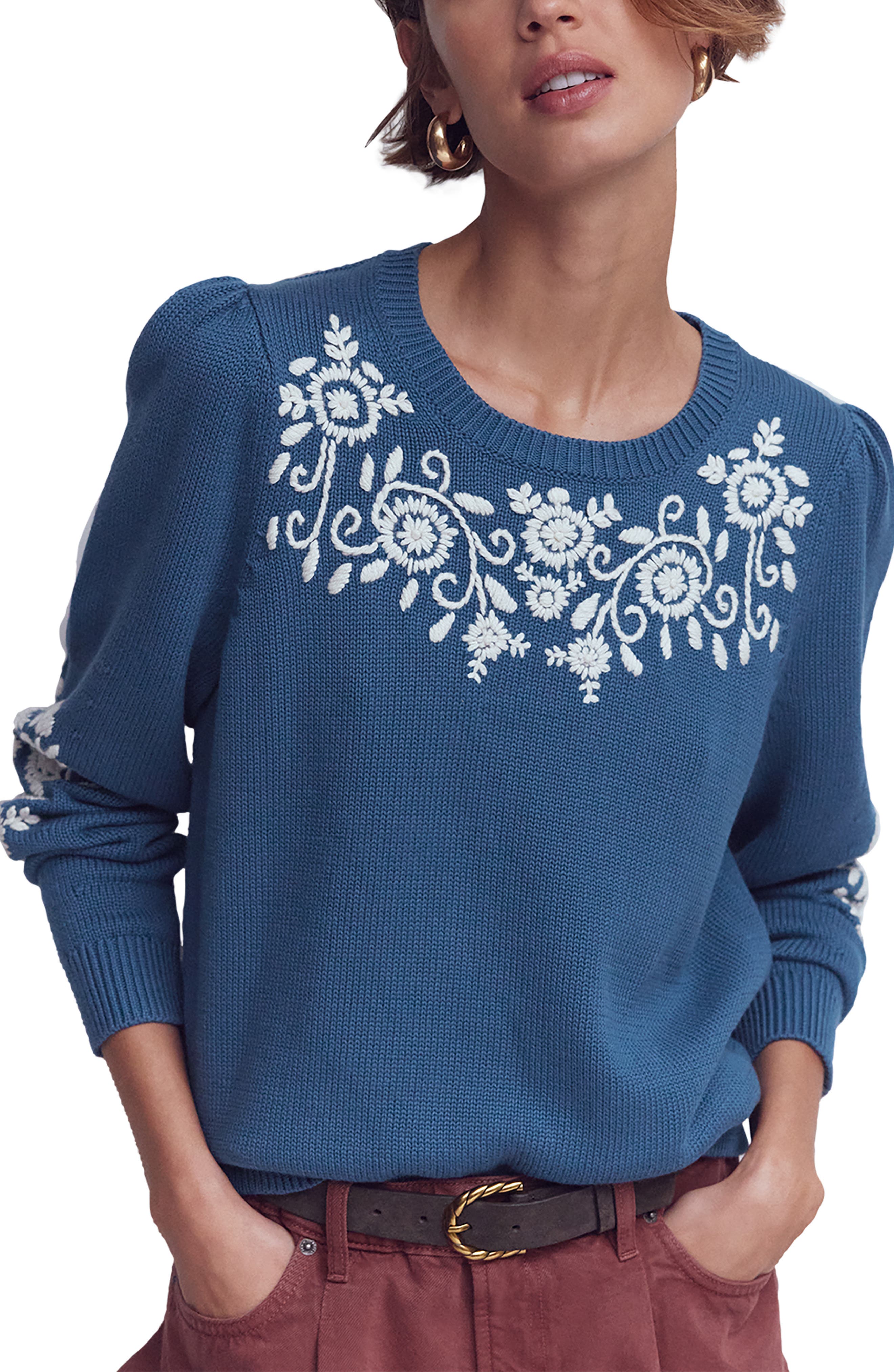 Davina Embroidered Puff Sleeve Sweater