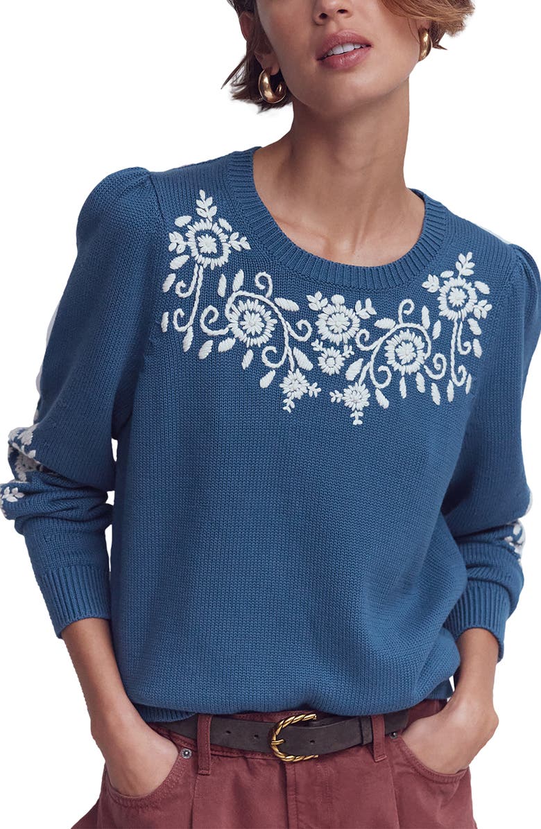 Boden Davina Embroidered Puff Sleeve Sweater, Main, color, True Navy, Embroidery