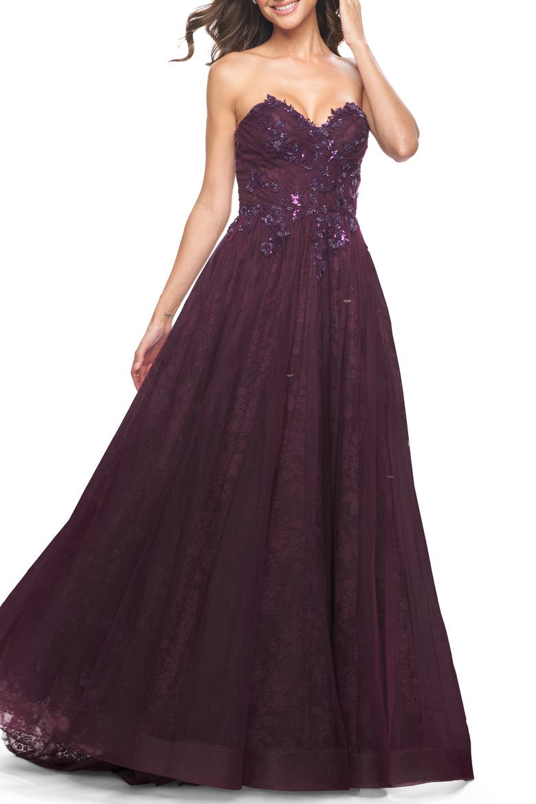 A-Line Gown with Lace Lining and Beaded Embellishments, Alternate, color, Dark Berry