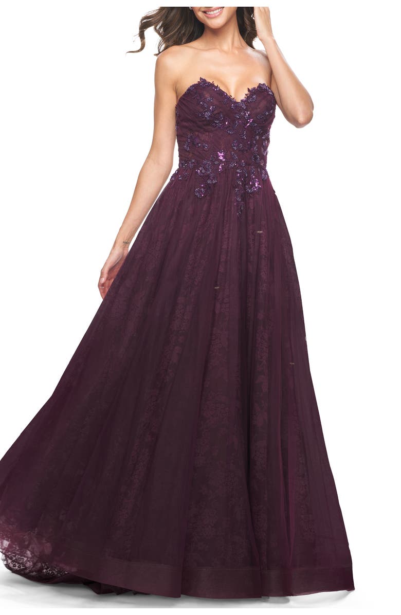 La Femme A-Line Gown with Lace Lining and Beaded Embellishments, Alternate, color, Dark Berry