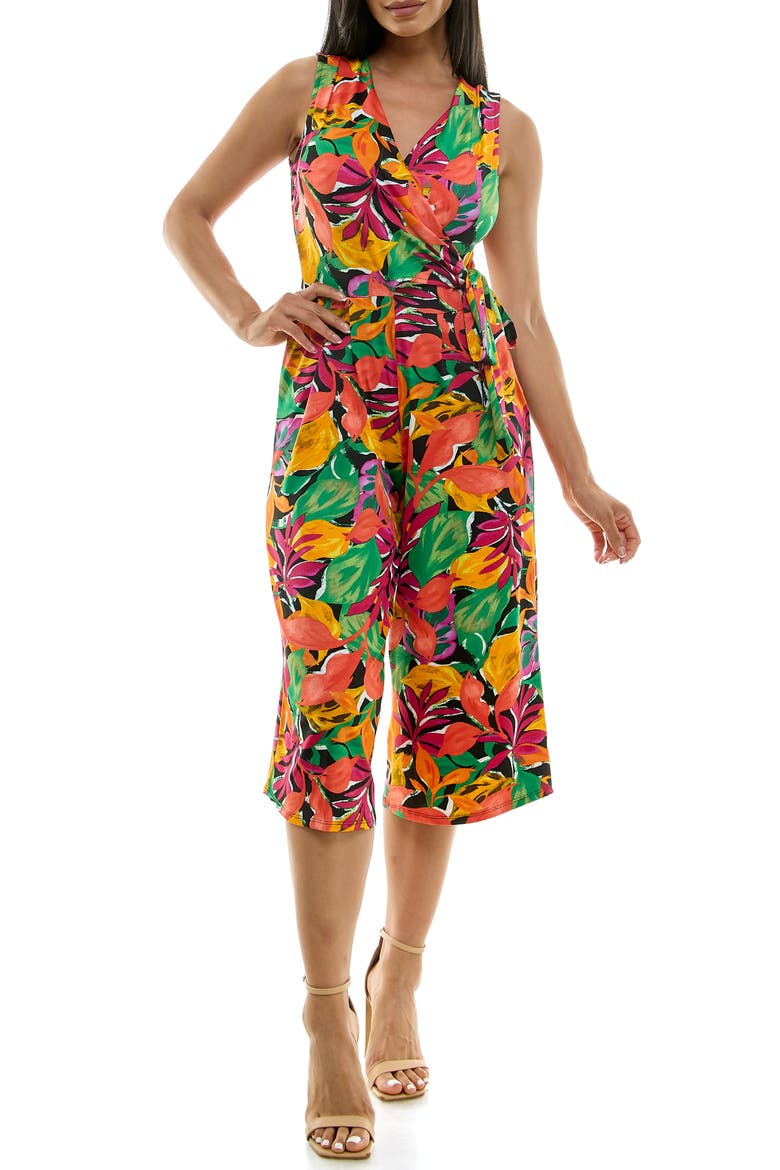 Surplice Culotte Crop Jumpsuit, Main, color, BLACK/GUAVA MULTI