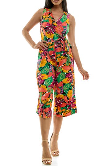 Nina Leonard Surplice Culotte Crop Jumpsuit In Multi