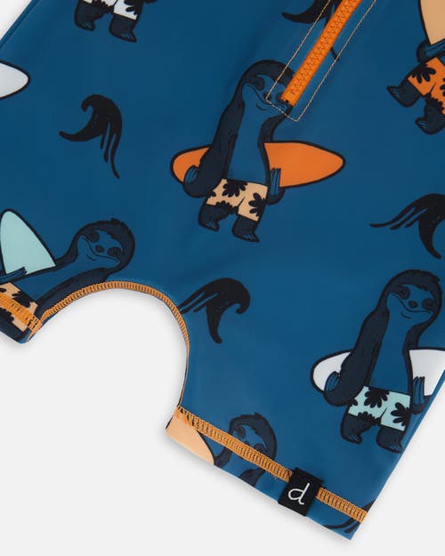 Deux Par Deux Baby Boy's Printed Long Sleeve One-piece Rashguard Orange Sloths On Navy Blue In Orange Sloths On Navy Blue