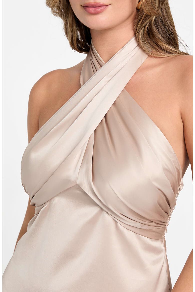 Aretha Twist Front Satin Halter Top, Alternate, color, VELVET TAUPE