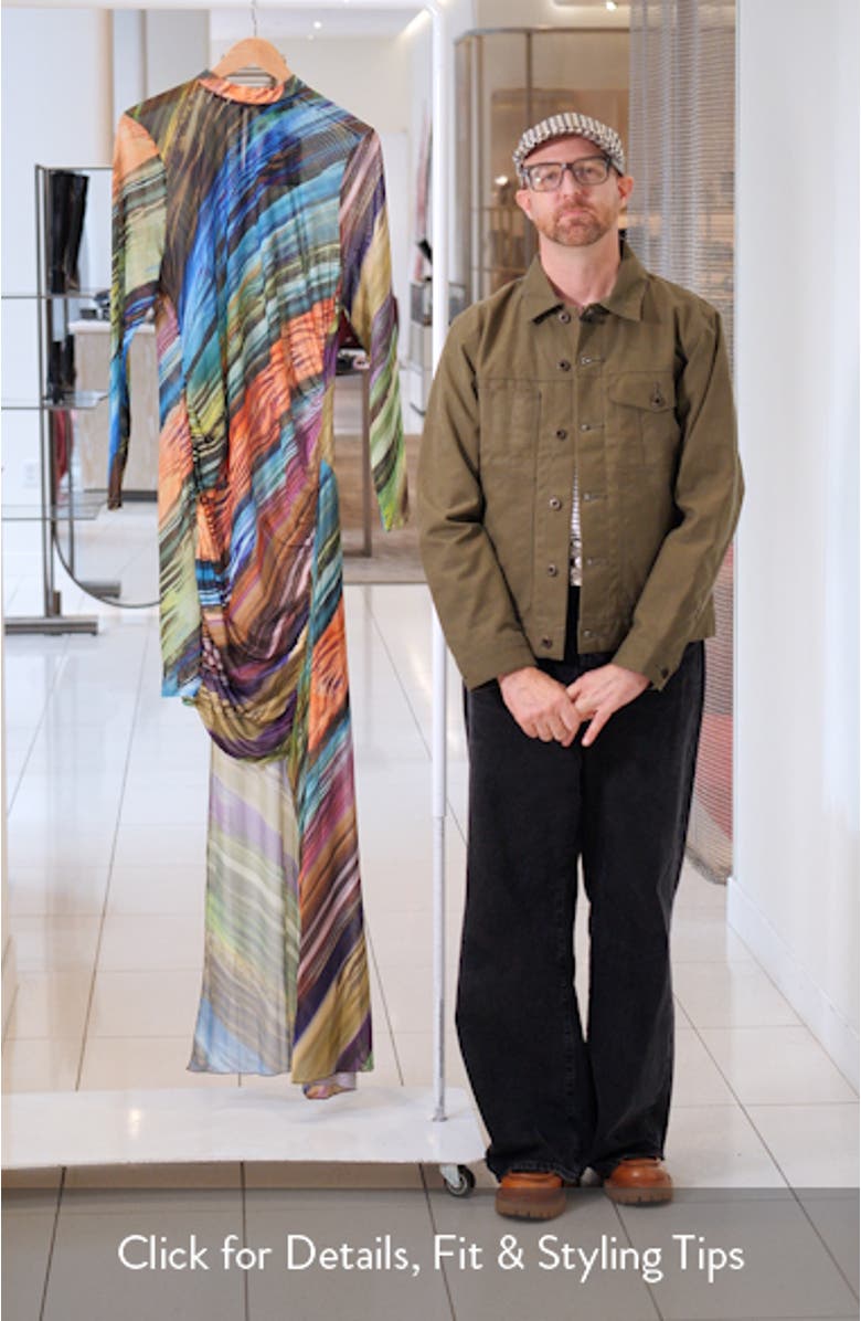 Print Asymmetric Long Sleeve Mesh Midi Dress, sales video thumbnail