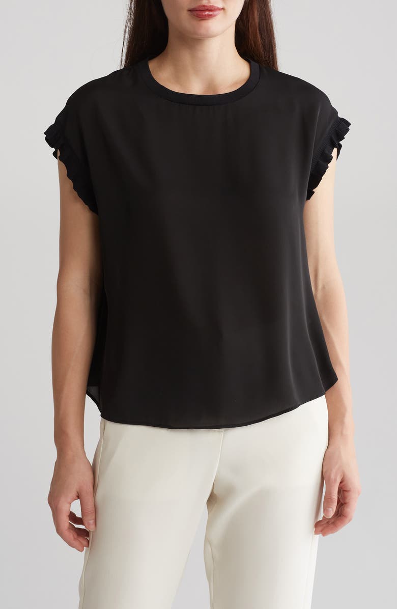 T Tahari Ribbed Ruffle Cap Sleeve Top, Main, color, Black