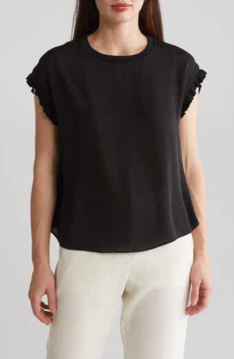 T Tahari Ribbed Ruffle Cap Sleeve Top