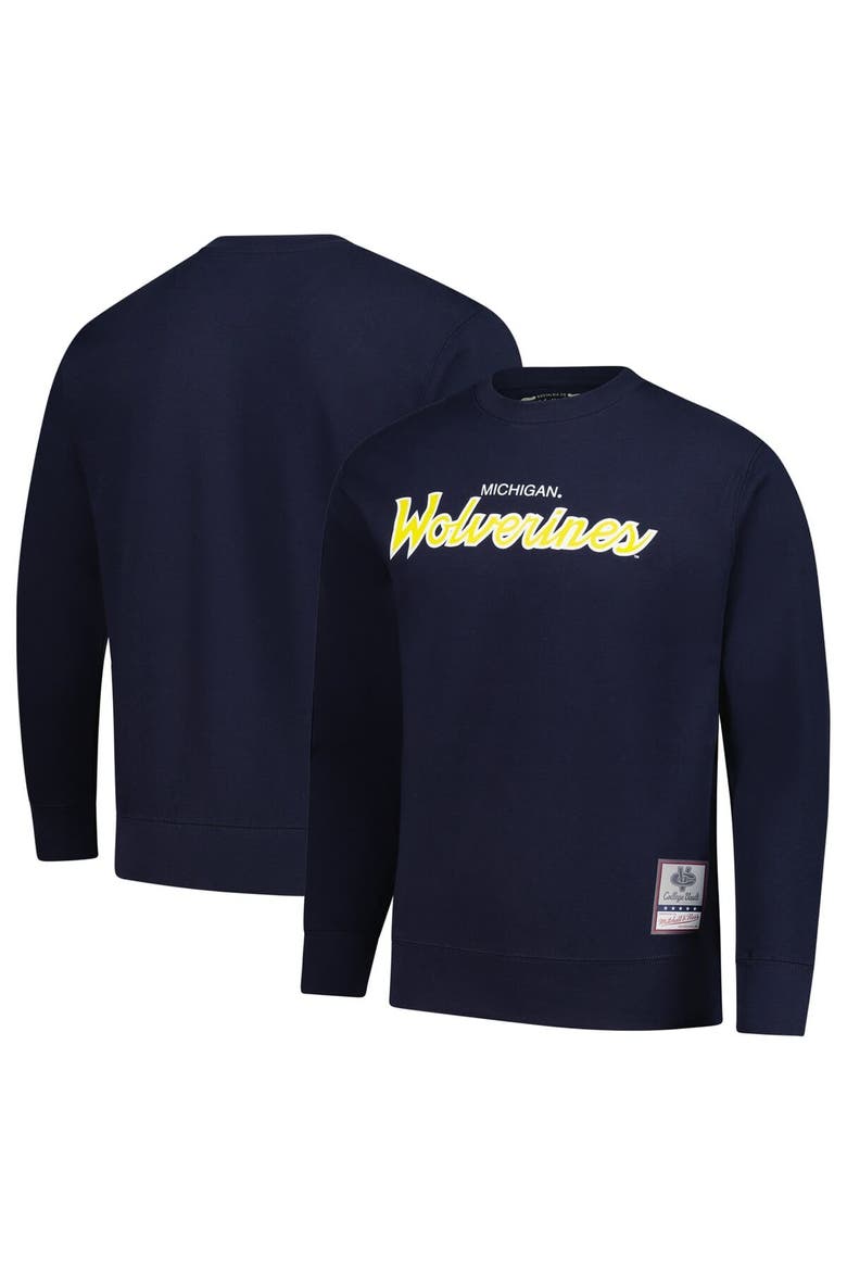 Men's Mitchell & Ness  Navy Michigan Wolverines Elite Script Pullover Sweatshirt, Main, color, Navy