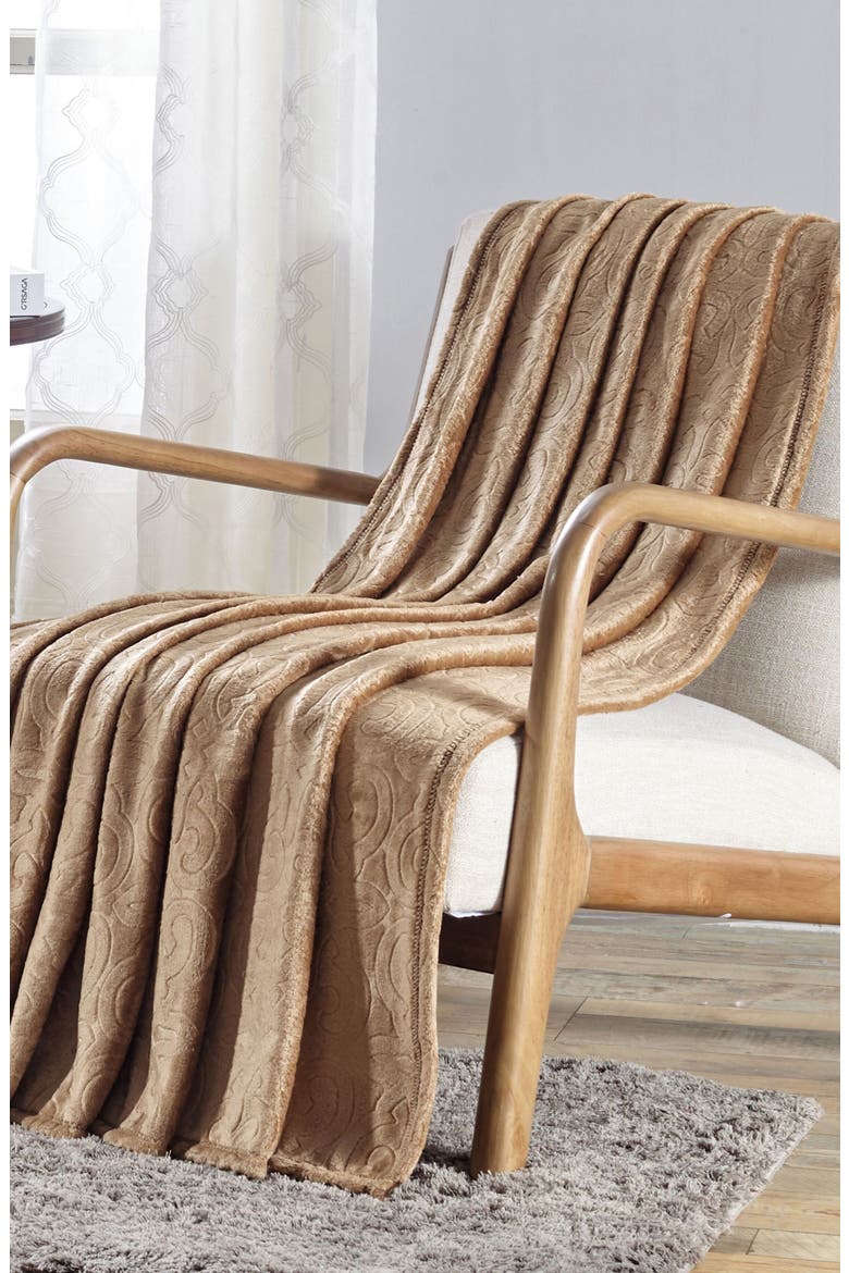 Dama Embossed Fleece Throw Blanket, Alternate, color, TAUPE