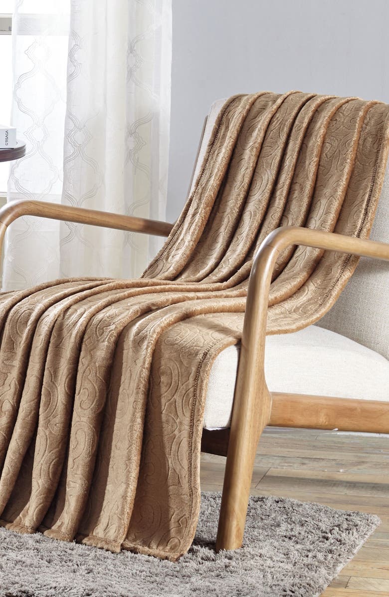 Luxury Home Dama Scroll Embossed Throw Blanket, Alternate, color, Taupe