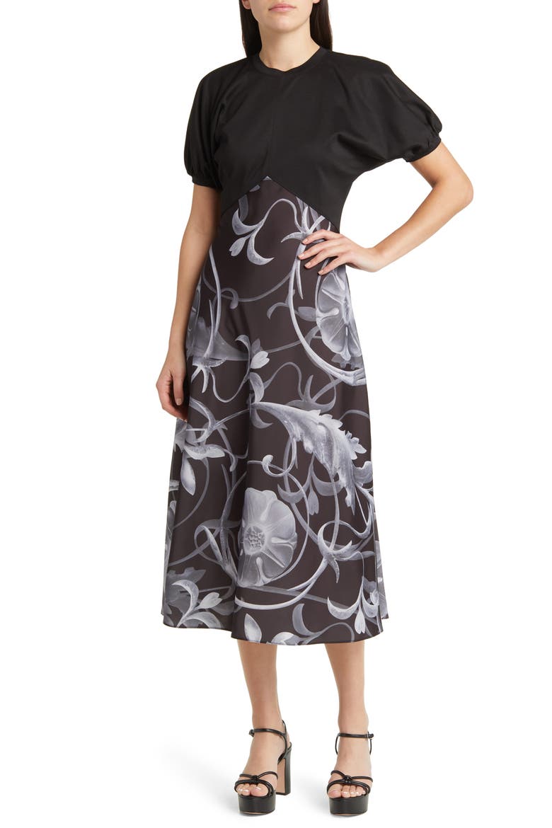 Magylee Floral Mixed Media Dress, Main, color, BLACK
