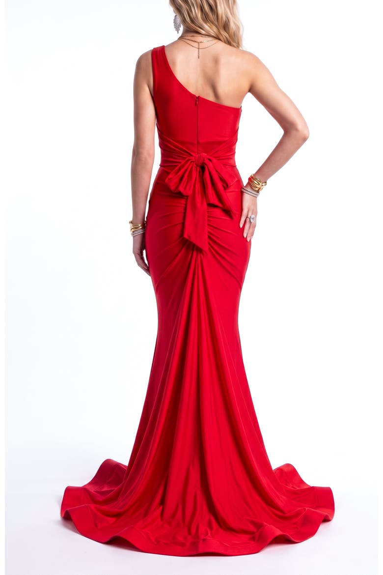 One-Shoulder Tie-Back Mermaid Evening Gown, Alternate, color, Red