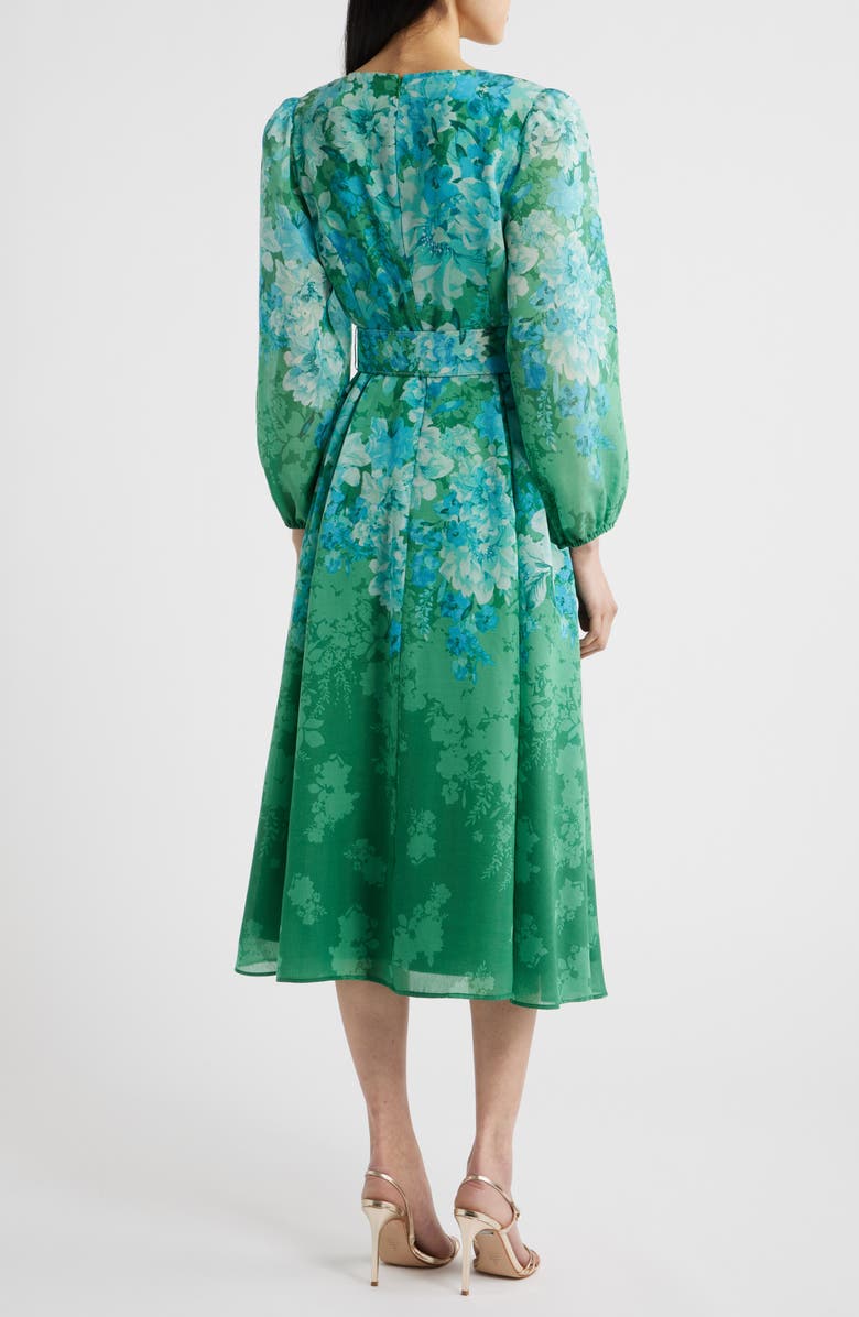Tahari ASL Floral Belted Long Sleeve Dress, Alternate, color, Green
