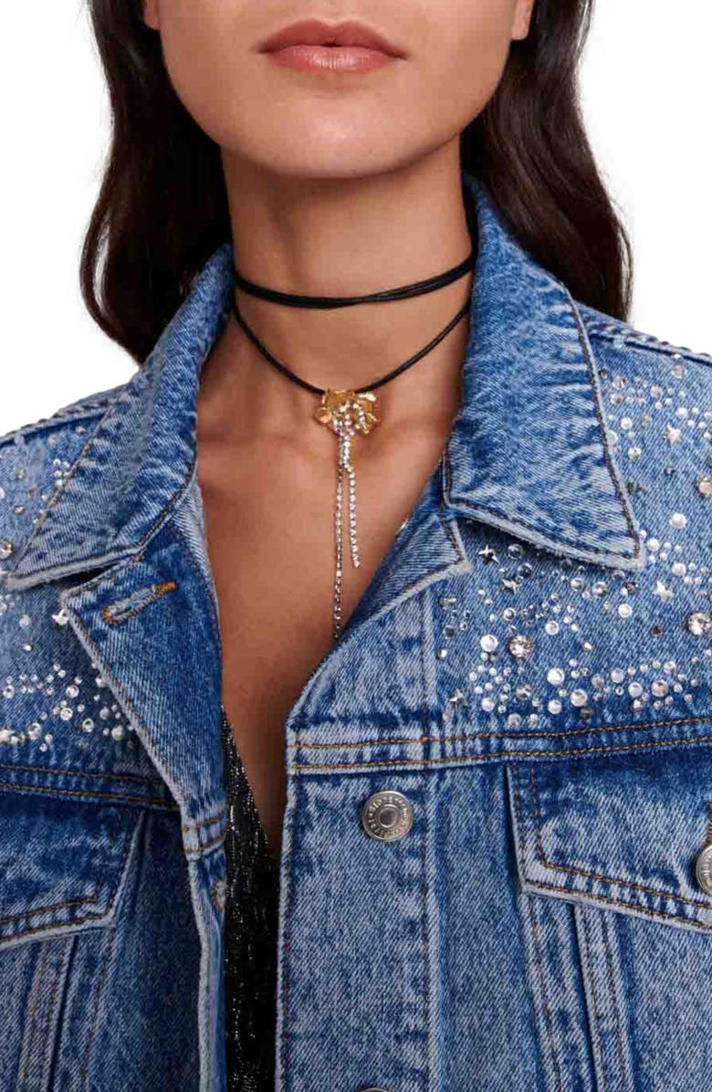 maje Rhinestone Studded Denim Trucker Jacket, Alternate, color, 