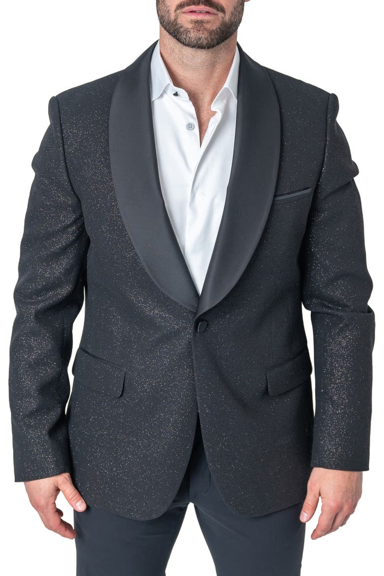 Ceremonial Black Glitter Shawl Collar Dinner Jacket, Main, color, BLACK