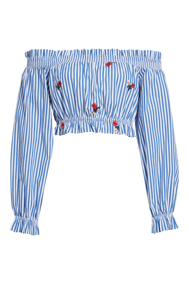 Chloe + Katie Embroidered Off the Shoulder Crop Top, Alternate, color, BLUE/ WHITE STRIPE