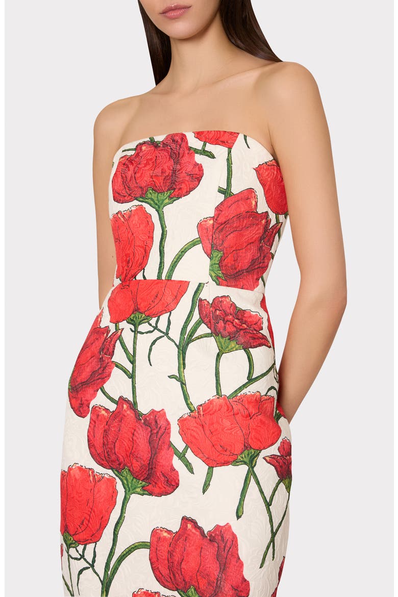 Orion Red Peony Jacquard Strapless Dress, Alternate, color, RED MULTI
