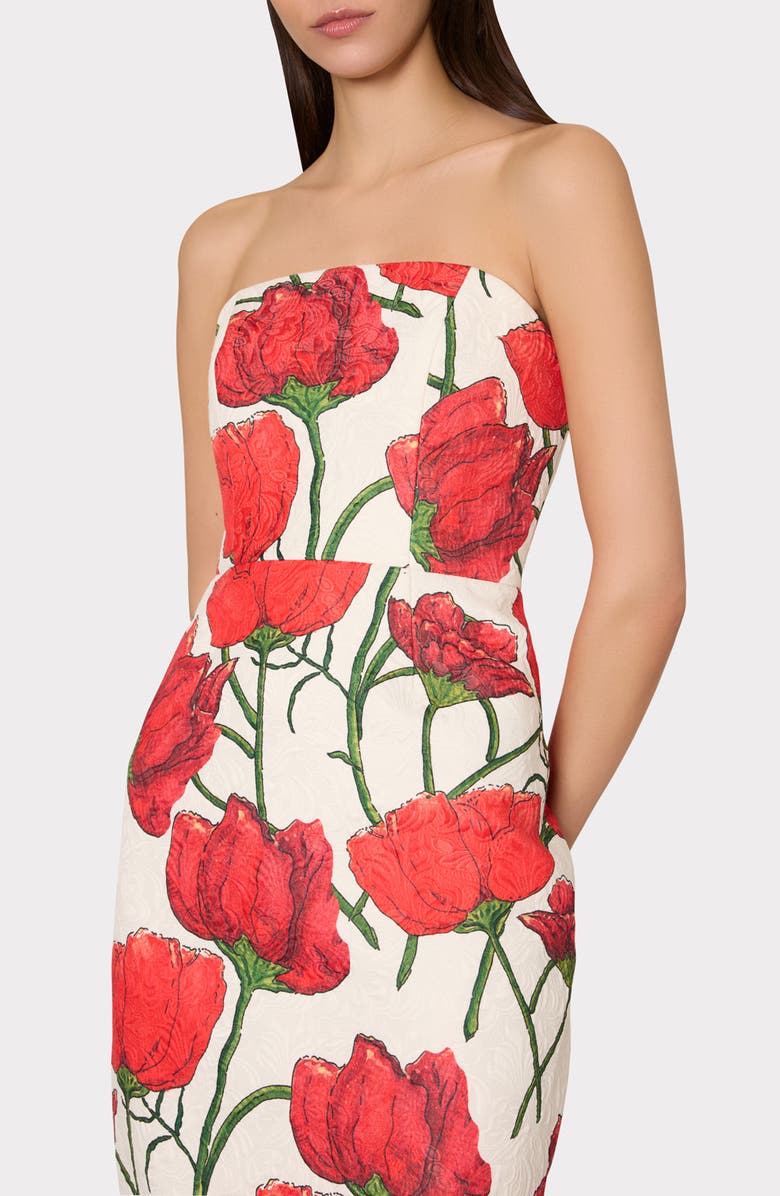 Milly Orion Red Peony Jacquard Strapless Dress, Alternate, color,