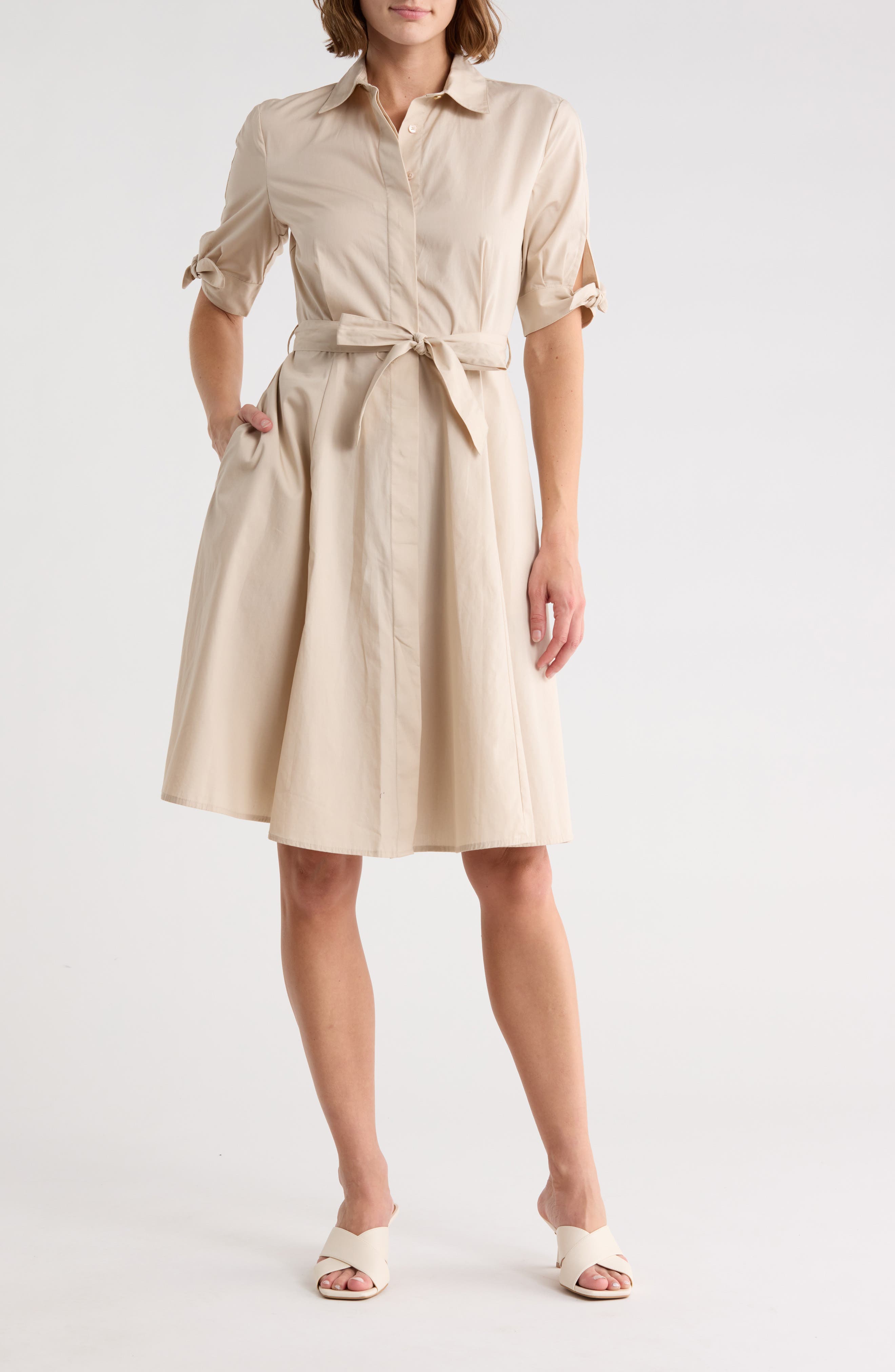 Calvin Klein Solid Cotton Shoulder Tie Shirtdress