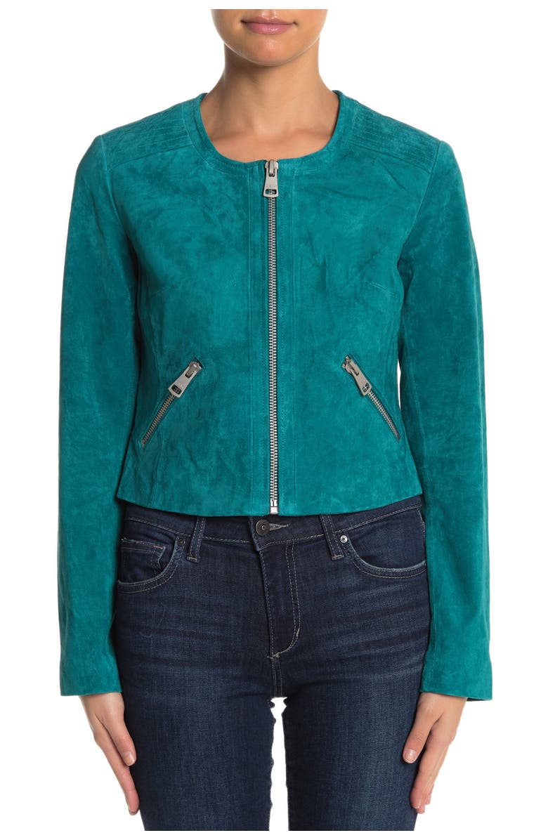 Bagatelle Collarless Suede Fitted Jacket, Alternate, color,