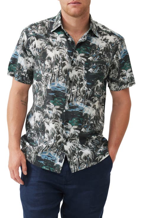 Dakota Street Tropical Print Short Sleeve Lyocell & Cotton Button-Up Shirt