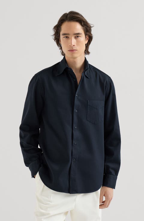 Garment-dyed cotton gabardine shirt with Italian collar and chest pocket