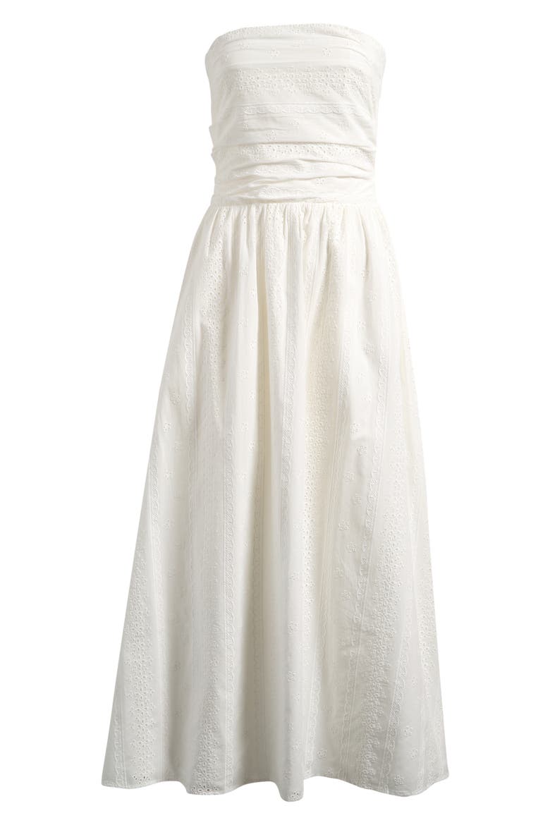 Pippa Gathered Eyelet Strapless Cotton Midi Dress, Alternate, color, IVORY