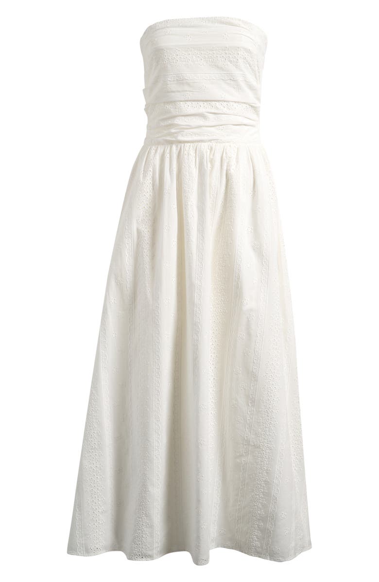WAYF Pippa Gathered Eyelet Strapless Cotton Midi Dress, Alternate, color, Ivory