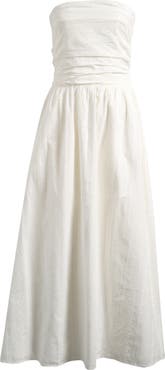 WAYF Pippa Gathered Eyelet Strapless Cotton Midi Dress