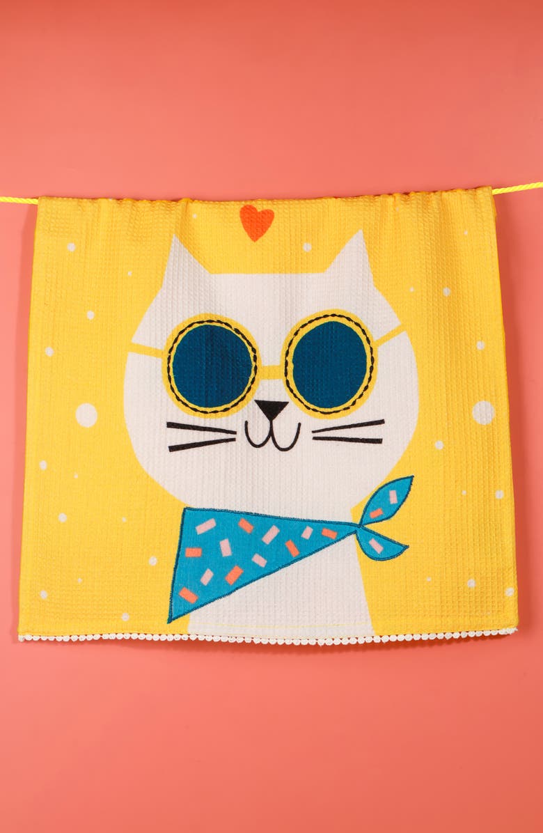 Tiramisu Cool Cats Set of 3 Cotton Kitchen Towels, Alternate, color, Blue/ Yellow/ Black