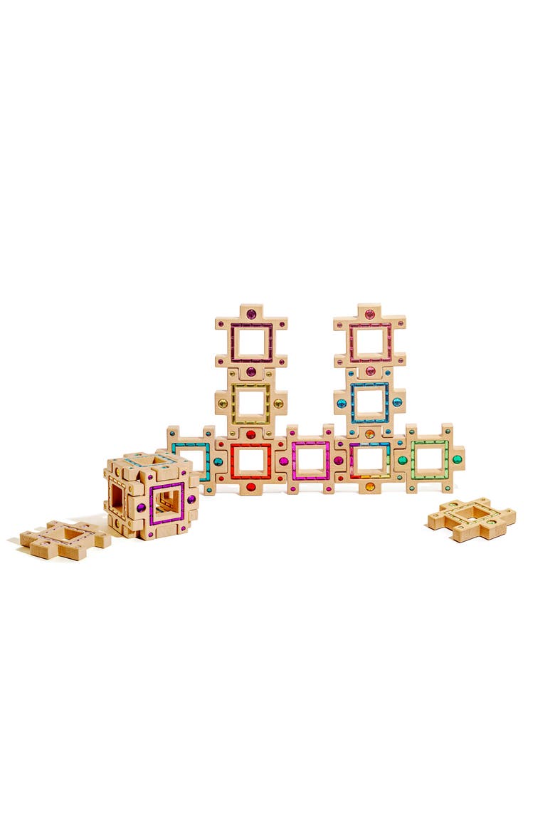 Busy Large Interlocking Wooden Building Blocks with Acrylic Inlays - 16 Pieces, Main, color, Multicolor