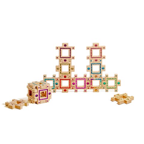 Busy Large Interlocking Wooden Building Blocks with Acrylic Inlays - 16 Pieces