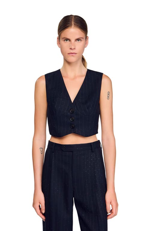 Sandro Striped Rhinestone Sleeveless Jacket In Blue