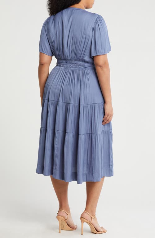 T Tahari Pleated Short Sleeve Tiered Maxi Dress In Slate